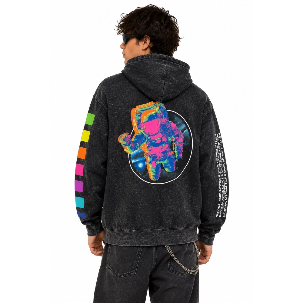 Hyper Space NASA Hoodie Gray Acid Wash Rainbow Neon Astronaut Print Y2K Medium
